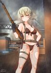  1girl aquaegg bikini black_bikini black_gloves blonde_hair blue_eyes blush breasts cameltoe cleavage closed_mouth collarbone cosplay crane_(machine) eyebrows_visible_through_hair fishnet_legwear fishnets girls_und_panzer gloves gun hand_on_hip highres knife large_breasts looking_at_viewer metal_gear_(series) metal_gear_solid_v navel outdoors pantyhose quiet_(metal_gear) quiet_(metal_gear)_(cosplay) rain rifle shiny shiny_hair short_hair solo swimsuit torn_clothes torn_legwear weapon youko_(girls_und_panzer) 