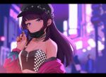  bare_shoulders blurry blurry_background choker closed_mouth ear_piercing hat highres idolmaster idolmaster_shiny_colors jacket jacket_on_shoulders jewelry mask midriff mouth_mask nail_polish necklace piercing purple_eyes purple_hair strapless tanaka_mamimi tube_top ven_(ven_neojio) zipper 