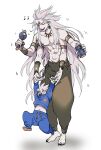 2boys armlet baby_bottle barefoot blue_eyes bottle bracelet earrings extra_arms fate/apocrypha fate/grand_order fate_(series) father_and_son forehead_jewel highres indian_clothes jewelry jonya karna_(fate) multiple_boys pale_skin rattle surya_(fate) white_hair 