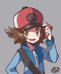  1boy :d baseball_cap blue_jacket brown_eyes brown_hair commentary_request grey_background hand_on_headwear hat hiisu_(s-1104-d) hilbert_(pokemon) jacket long_sleeves looking_at_viewer lowres male_focus open_mouth poke_ball_print pokemon pokemon_(game) pokemon_bw red_headwear signature simple_background smile solo strap tongue upper_body 