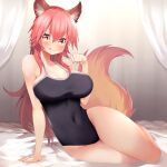  1girl animal_ear_fluff animal_ears bangs bare_shoulders black_swimsuit blush breasts cleavage closed_mouth collarbone covered_navel eyebrows_visible_through_hair fate/extra fate/grand_order fate_(series) fingernails fox_ears fox_girl fox_tail hair_between_eyes highleg highres large_breasts long_hair looking_at_viewer one-piece_swimsuit paw_pose pink_hair red_eyes sabi1234 sidelocks smile solo swimsuit tail tamamo_(fate) tamamo_no_mae_(fate/extra) tongue tongue_out very_long_hair 