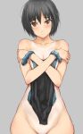  1girl amagami black_hair brown_eyes commentary_request competition_swimsuit crossed_arms grey_background groin highres holding holding_clothes holding_swimsuit looking_at_viewer nanasaki_ai one-piece_swimsuit one-piece_tan out-of-frame_censoring serizawa_(serizawaroom) short_hair simple_background solo swimsuit tan tanlines upper_body 