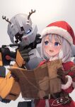  1girl bangs blue_eyes blush christmas fake_antlers gloves hat highres holding kin&#039;iro_dojo long_hair looking_at_object map mecha open_mouth original robot santa_costume santa_hat simple_background smile solo tied_hair white_hair 