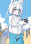  2021 5_fingers anthro anthro_focus arctic_fox areola beach blush breasts canid canine chest_tuft clothed clothing cloud day female female_focus fingers flotation_device fluffy fox fur group hair hi_res japanese_text kemono koorinezumi looking_at_viewer male_swimwear_challenge mammal nipples o-ring outside pawpads paws public public_exposure sea seaside short_hair sky smile solo_focus swimming_trunks swimwear text topless translation_request tuft water waving_at_viewer white_body white_fur white_hair 