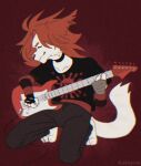  2021 anthro barefoot clothed clothing domestic_cat eyes_closed feet felid feline felis female fur guitar hair hi_res hybrid kaisyna lion mammal musical_instrument pantherine plucked_string_instrument red_background red_hair simple_background solo string_instrument white_body white_fur 