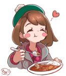  1girl :t blush_stickers bob_cut bowl brown_hair buttons cardigan closed_eyes closed_mouth collarbone collared_dress commentary_request curry dress eating eyelashes food gloria_(pokemon) green_headwear grey_cardigan happy hat heart highres hiisu_(s-1104-d) holding holding_bowl holding_spoon hooded_cardigan pink_dress pokemon pokemon_(game) pokemon_swsh rice short_hair signature smile solo spoon tam_o&#039;_shanter 