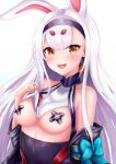  1girl absurdres animal_ears azur_lane bandaid bandaids_on_nipples bangs bare_shoulders black_hairband black_jacket blue_bow bow breasts brown_eyes commentary_request crossed_bandaids eyebrows_visible_through_hair hairband highres jacket long_hair long_sleeves off_shoulder open_clothes open_jacket pasties rabbit_ears ryara shimakaze_(azur_lane) short_eyebrows simple_background small_breasts solo thick_eyebrows upper_body very_long_hair white_background white_hair 