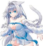  1girl animal_ear_fluff animal_ears argyle argyle_cutout artist_request bangs bare_shoulders blue_bow blue_eyes blue_legwear blue_ribbon blush bow breasts capelet cat_ears cat_girl cat_tail cleavage clothing_cutout detached_collar detached_sleeves dobrynya_nikitich_(fate) dress fate/grand_order fate_(series) fur-trimmed_capelet fur_trim hair_bow hairband large_breasts lips long_hair looking_at_viewer low_ponytail navel ribbon short_dress smile solo tail thighhighs thighs white_capelet white_dress white_hair 