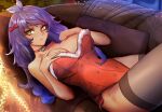  1girl absurdres bangs bow breasts brown_legwear buttons cleavage closed_mouth commentary couch dark-skinned_female dark_skin english_commentary eyelashes genderswap genderswap_(mtf) hair_bow highres leon_(pokemon) leotard long_hair lying on_back playboy_bunny_leotard pokemon pokemon_(game) pokemon_swsh purple_hair shiny shiny_hair smile solo thighhighs topknot unstableboiler yellow_eyes 