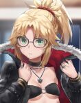  1girl bangs blonde_hair braid breasts fate/apocrypha fate_(series) french_braid green_eyes highres long_hair looking_at_viewer mordred_(fate) mordred_(fate/apocrypha) parted_bangs ponytail sidelocks small_breasts tonee 