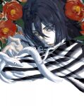  1boy animal black_hair blue_eyes brown_lips caradocc closed_mouth eyelashes flower hair_between_eyes heterochromia highres iguro_obanai kimetsu_no_yaiba long_hair male_focus red_flower smile snake striped striped_clothes upper_body white_snake yellow_eyes 