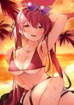  1girl :d armpits bangs beach belt black_ribbon blurry blurry_background blush breasts brown_belt cleavage collarbone dot_nose earrings eyebrows_visible_through_hair eyewear_on_head fangs hair_between_eyes hair_ornament hair_ribbon hairclip heart heterochromia highres hololive houshou_marine jewelry large_breasts leather_belt long_hair looking_at_viewer navel necklace ocean open_mouth orqz outdoors red_eyes red_hair ribbon ringlets sitting smile solo spread_armpit string_bra sun sunglasses sunset sweat swimsuit thigh_strap tree twintails very_long_hair virtual_youtuber yellow_eyes 