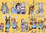  6+girls agnes_digital_(umamusume) alternate_costume angry animal_ears gold_ship_(umamusume) haru_urara_(umamusume) hat horse_ears horse_tail kindergarten_uniform kingin long_hair mayano_top_gun_(umamusume) mejiro_mcqueen_(umamusume) multiple_girls oguri_cap_(umamusume) one_eye_closed rice_shower_(umamusume) school_hat t_t tail tamamo_cross_(umamusume) translation_request umamusume yellow_background 