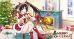  1girl animal_ears bell black_hair breasts christmas christmas_lights christmas_ornaments christmas_tree cleavage date_a_live date_a_live:_spirit_pledge deer_ears dress eyebrows_visible_through_hair fake_animal_ears gift gloves heterochromia holding indoors long_hair looking_at_viewer official_art open_mouth red_dress red_eyes red_footwear red_gloves santa_costume sitting smile solo tokisaki_kurumi window yellow_eyes 