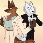  1:1 2021 4_fingers anthro belt black_nose brown_body brown_fur canid canine canis claws clothed clothing dreamworks fingers fully_clothed fur hi_res luchizz_scary male mammal mr._wolf_(the_bad_guys) necktie simple_background suit the_bad_guys wolf yellow_eyes 