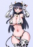  1girl animal_ears animal_print arms_up bangs bell bikini black_collar blush boku_no_kokoro_no_yabai_yatsu breasts brown_eyes cleavage collar collarbone contrapposto cow_ears cow_horns cow_print cow_tail cowbell dark_blue_hair dotted_background earrings elbow_gloves fake_animal_ears fake_horns fake_tail gloves highres horns huge_breasts index_fingers_raised jewelry large_breasts long28 long_hair looking_at_viewer midriff mole mole_on_thigh navel neck_bell print_bikini print_gloves smile solo stud_earrings swimsuit tail thighhighs white_legwear yamada_anna 