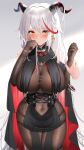  1girl absurdres aegir_(azur_lane) azur_lane bangs bare_shoulders black_gloves blush bodysuit breasts closed_mouth covered_navel cowboy_shot earrings elbow_gloves eyebrows_visible_through_hair futon_fly_away gloves grey_background hands_up highres holding_another&#039;s_wrist horns jewelry large_breasts long_hair looking_at_viewer multicolored_hair red_hair silver_hair solo_focus streaked_hair thighs yellow_eyes 