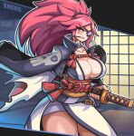  1girl absurdres artist_name baiken big_hair blush breasts cleavage cowboy_shot guilty_gear highres large_breasts outline parted_lips pink_hair ponytail red_eyes rope sagas293 shadow smile solo sword tassel weapon white_outline 