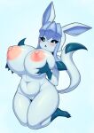  2021 absurd_res anthro areola belly big_breasts black_sclera blue_eyes blush breast_play breasts digital_media_(artwork) eeveelution female genitals glaceon hi_res holding_breast huge_breasts jumping navel nintendo nipples nude open_mouth pok&eacute;mon pok&eacute;mon_(species) pussy raised_tail solo tailzkim thick_thighs video_games 