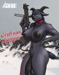  anthro balls bell big_breasts big_penis breasts collar facial_piercing flaccid fur genitals gun gynomorph hair hand_on_hip hi_res holding_object holding_weapon horn humanoid_genitalia humanoid_penis intersex krampus looking_aside looking_at_viewer mammal nails nipples nose_piercing nose_ring nude penis piercing pirin-apex ranged_weapon ring solo standing tail_tuft text tuft vein veiny_penis weapon 