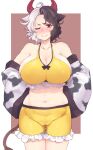 1girl animal_print black_hair blush breasts cleavage closed_mouth collarbone cow_horns cow_print detached_sleeves dra hands_on_hips highres horns large_breasts looking_at_viewer midriff multicolored_hair navel one_eye_closed red_eyes red_horns short_hair shorts smile solo thighs touhou two-tone_hair ushizaki_urumi white_hair yellow_shorts 