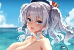  1girl bangs beret bikini black_headwear blue_eyes blurry blurry_background blush breasts cleavage cloud commentary_request day eyebrows_visible_through_hair hair_between_eyes hat kantai_collection kashima_(kancolle) kekocha large_breasts long_hair looking_at_viewer ocean outdoors parted_lips portrait sidelocks silver_hair sky solo swimsuit water water_drop wavy_hair white_bikini 
