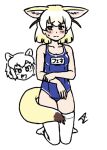  +_+ 2girls acesrulez alternate_costume animal_ears bare_arms bare_shoulders blonde_hair blue_swimsuit chibi chibi_inset collarbone common_raccoon_(kemono_friends) embarrassed fennec_(kemono_friends) fox_ears fox_girl fox_tail kemono_friends kneeling multicolored_hair multiple_girls name_tag no_shoes one-piece_swimsuit school_swimsuit short_hair swimsuit tail thighhighs translation_request two-tone_hair white_hair white_legwear zettai_ryouiki 