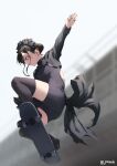  1girl black_hairband black_legwear black_nails blurry blurry_background brown_eyes brown_hair closed_mouth fingernails frilled_hairband frills full_body hairband jonsun nail_polish original short_hair skateboard skateboarding solo thighhighs thighs twitter_username 