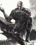  1boy armor bald boots closed_mouth dark_souls_(series) dark_souls_i embers gauntlets gold_coin grin hand_up highres looking_at_viewer male_focus patches_the_hyena pauldrons sanpaku shimhaq shoulder_armor signature sitting smile solo 