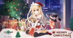  1girl bare_shoulders black_legwear blonde_hair bow breasts christmas_ornaments christmas_tree cleavage closed_mouth date_a_live date_a_live:_spirit_pledge dress eyebrows_visible_through_hair gift hat long_hair looking_at_viewer mayuri_(date_a_live) official_art red_dress red_footwear santa_costume santa_hat sitting smile solo 