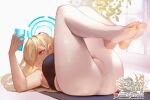  1girl armpits artist_name ass asuna_(blue_archive) bare_arms bare_shoulders blonde_hair blue_archive blue_eyes blue_nails breasts cellphone closed_mouth feet full_body hair_over_one_eye halo highres holding holding_phone hu_dako large_breasts legs_up long_hair looking_at_phone lying nail_polish on_back phone ponytail smartphone smile solo sports_bra sweat toes white_legwear 
