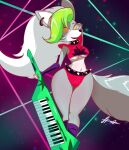  anthro breasts canid canine canis clothing collar female five_nights_at_freddy&#039;s five_nights_at_freddy&#039;s:_security_breach fluffy fluffy_tail guitar hair hi_res keyboard legwear mammal musical_instrument neon_lights panties pinup pixyfox23 plucked_string_instrument ponytail pose roxanne_wolf_(fnaf) scottgames solo spiked_collar spikes stockings string_instrument thick_thighs underwear video_games wolf 