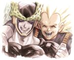  :d arm_around_shoulder blonde_hair cell_(dragon_ball) closed_eyes dragon_ball dragon_ball_z facing_viewer gloves grin laughing open_mouth perfect_cell saiyan_armor sakkan smile vegeta white_gloves 