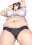  1girl arm_above_head ass_visible_through_thighs bangs black_buruma blush breasts breasts_apart brown_hair buruma character_request clothes_lift commentary_request copyright_request covered_nipples eyebrows_visible_through_hair fat from_below gym_shirt gym_uniform highres muffin_top navel orizen shirt shirt_lift short_sleeves sidelocks simple_background solo tareme thick_arms thick_thighs thighs white_background white_shirt 