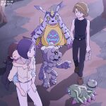  animal_skin anthro bandai_namco belly blonde_hair brown_hair carrying digimon digimon_(species) digimon_adventure_02 female gabumon gdn0522 gotsumon group hair hi_res horn human ken_ichijouji male mammal matt_ishida piggyback purple_hair slightly_chubby wormmon 