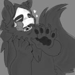  &lt;3 1:1 5_fingers ambiguous_gender anthro black_sclera blush blush_lines canid canine canis changed_(video_game) claws eyes_closed fingers goo_creature grey_background grey_tongue hi_res mammal mask monochrome open_mouth pawpads paws puro_(changed) quikkby simple_background solo teeth tongue tongue_out wolf 