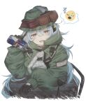 1girl black_gloves blue_hair blush_stickers can character_name commentary_request emoji empty eyebrows_visible_through_hat g11_(girls&#039;_frontline) girls&#039;_frontline gloves goggles goggles_on_head green_jacket hair_between_eyes hat highres jacket looking_at_viewer mod3_(girls&#039;_frontline) rabb_horn red_bull simple_background solo spoken_emoji tongue white_background yellow_eyes zzz 