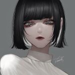  1girl archived_source bangs black_hair eyeshadow grey_background grey_eyes highres kamato_il makeup original portrait shadow shirt short_hair signature simple_background solo white_shirt 