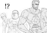  !? 3boys bb_(baalbuddy) beard cirno commentary dakimakura_(object) english_commentary english_text facial_hair fat fat_man galactus gigachad_(meme) glasses greyscale highres male_focus marvel meme merchandise monochrome multiple_boys muscular open_mouth original otaku pillow shirt simple_background touhou white_background wide-eyed x-men 