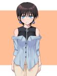  1girl arata_oribe bangs black_hair black_shirt blue_eyes blue_shirt earrings highres jewelry khakis looking_at_viewer nazar_(amulet) off-shoulder_shirt off_shoulder orange_background original pants parted_lips shadow shirt short_hair sleeveless sleeveless_shirt solo zipper zipper_pull_tab 