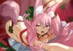  1girl absurdres animal_ear_fluff animal_ears ass bangs bell blush bow box breasts fang fate/grand_order fate_(series) firstw1 fox_ears fox_tail gift gift_box green_ribbon hair_between_eyes hair_bow highres jingle_bell koyanskaya_(fate) large_breasts long_hair looking_at_viewer merry_christmas open_mouth panties pink_hair red_panties ribbon sidelocks smile solo tail tamamo_(fate) thighs top-down_bottom-up twintails underwear yellow_eyes 