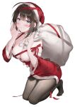  1girl absurdres bangs black_hair blue_eyes blush breasts cleavage full_body hat highres large_breasts looking_at_viewer original pantyhose parted_lips red_headwear sack santa_costume santa_hat short_hair simple_background smile solo white_background xretakex 