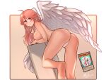  1girl ass bare_legs barefoot blush breasts brown_background counselor_lily dated duel_monster earrings feathered_wings glasses highres jewelry large_breasts long_hair looking_at_viewer mrlo panties pink_hair red_eyes signature solo topless underwear underwear_only white_panties white_wings wings yu-gi-oh! 