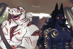  anthro anubian_jackal black_body black_fur blood bodily_fluids body_horror breasts canid canine canis car duo female fish flat_chested fur greta_(lor) hair jackal library_of_ruina long_hair mammal marine maxpawb meme multi_eye multi_mouth muscular nude red_eyes scar seatbelt shark sharp_teeth smile tanya_(library_of_ruina) tattoo teeth tongue tongue_out vehicle white_body 
