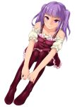  1girl absurdres alice_gear_aegis bangs bare_shoulders breasts closed_mouth dress feet frilled_dress frilled_sleeves frills fukuinu full_body highres hugging_own_legs ichijou_ayaka legs long_hair looking_at_viewer pantyhose purple_dress purple_eyes purple_hair purple_legwear short_sleeves simple_background sitting small_breasts smile solo twintails white_background 
