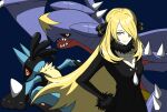  1girl black_coat black_collar blonde_hair blue_background breasts cleavage closed_mouth coat collar commentary cynthia_(pokemon) fur-trimmed_coat fur_collar fur_trim garchomp hair_ornament hair_over_one_eye highres long_hair long_sleeves lucario pokemon pokemon_(creature) pokemon_(game) pokemon_dppt rii_(mrhc7482) simple_background smile spikes split_mouth 