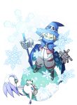  1boy absurdres bbb_(fabio8552) blue_cape boots brown_hair cape commentary crescent digimon digimon_(creature) from_above gloves green_eyes hat highres looking_at_viewer magic short_hair skull smile snowflakes tail tail_ornament tail_ring tailmon torn_cape torn_clothes wizard_hat wizarmon 