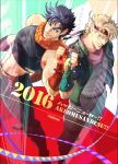  2boys battle_tendency blonde_hair brown_hair caesar_anthonio_zeppeli crop_top fingerless_gloves fist_bump fujisee gloves green_eyes green_jacket headband jacket jojo_no_kimyou_na_bouken joseph_joestar joseph_joestar_(young) male_focus midriff multiple_boys scarf striped striped_scarf 