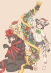  3girls african_wild_dog_(kemono_friends) animal_ears annoyed arm_at_side arm_up artist_logo bangs black_legwear blonde_hair blush_stickers bodystocking boots bound bound_torso brown_eyes christmas_ornaments closed_mouth colored_inner_hair cutoffs dog_ears dog_girl dog_tail elbow_gloves extra_ears frills gloves godzilla godzilla_(series) godzilla_(shin) golden_snub-nosed_monkey_(kemono_friends) grey_hair hands_up hat height_difference kemono_friends kishida_shiki layered_sleeves long_sleeves long_tail looking_at_another looking_at_object looking_down looking_up lucky_beast_(kemono_friends) medium_hair monkey_ears monkey_girl monkey_tail multicolored_hair multiple_girls open_mouth outstretched_arm parted_lips personification red_eyes red_hair ribbon santa_hat shin_godzilla shirt short_over_long_sleeves short_shorts short_sleeves shorts sidelocks simple_background sitting skirt smile squiggle standing streaked_hair sweater tail tall_female thigh_boots thighhighs two-tone_hair wariza white_shirt 