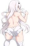  1girl ass back bangs breasts brown_eyes fairy_knight_lancelot_(fate) fate/grand_order fate_(series) index_finger_raised long_hair looking_at_viewer looking_back open_mouth panties shiseki_hirame sidelocks small_breasts solo thighhighs thighs topless underwear white_hair white_legwear white_panties 